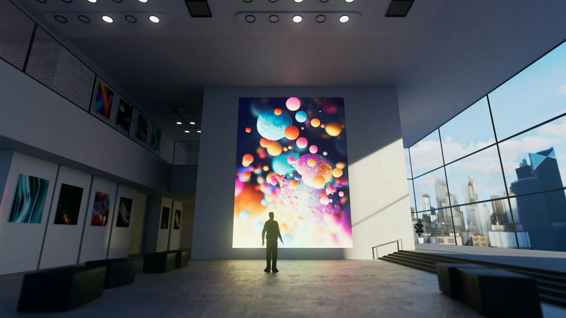 Art gallery with a large LED display in portrait orientaation showing sphere-based art, people are looking and admiring the art